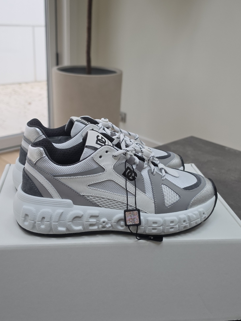 Dolce & Gabbana White and Silver Embossed-Logo Sneakers . Brand New With Tags.